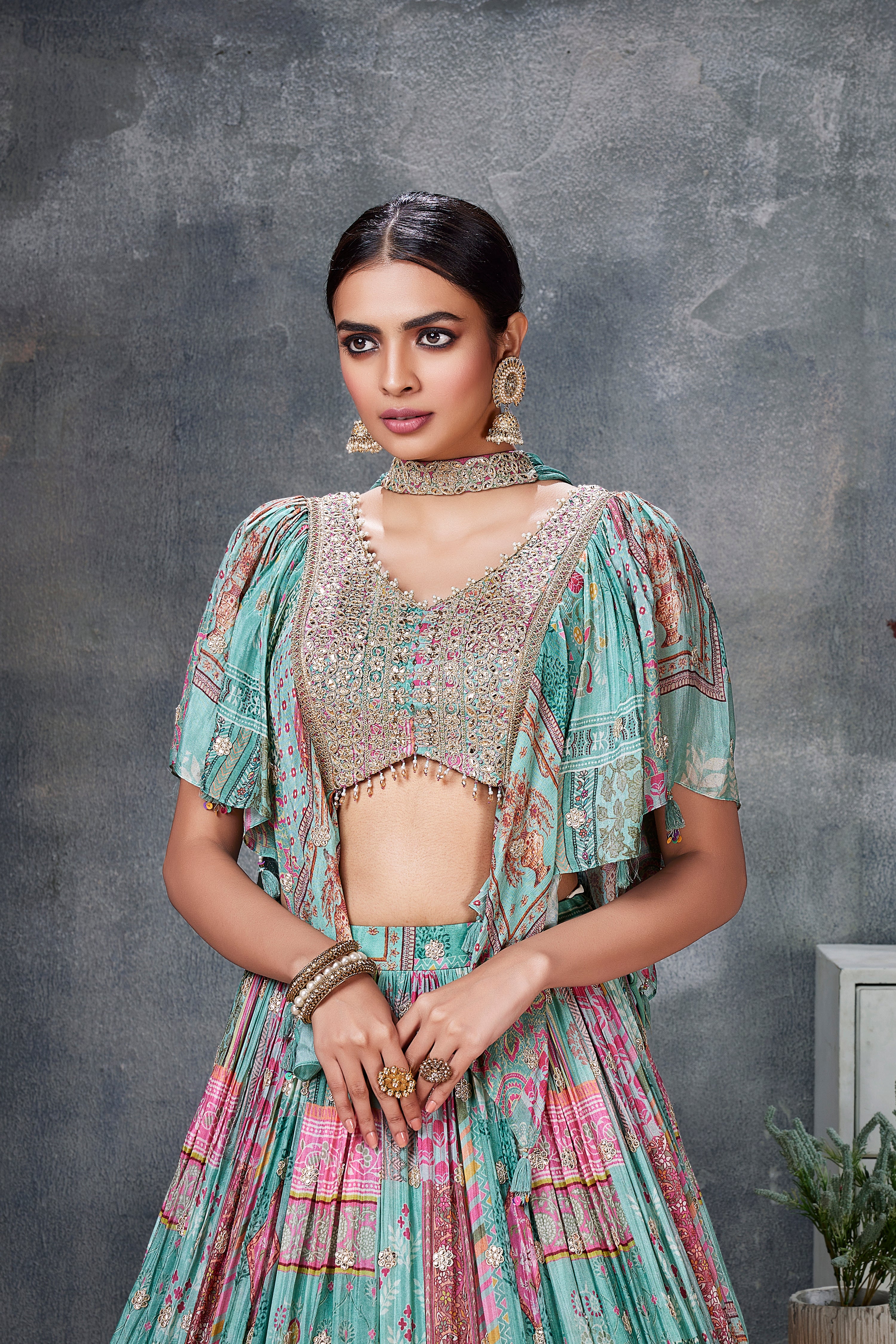 wedding, wedding outfit, lehenga, lehenga with jacket, aqua blue, brides, bridesmaids, blouse, indian outfit, indian wear, traditional, sharara, ethnic wear, printed lehenga, lehengreen lehenga, flared sleeves choli, lehenga set, Bridal