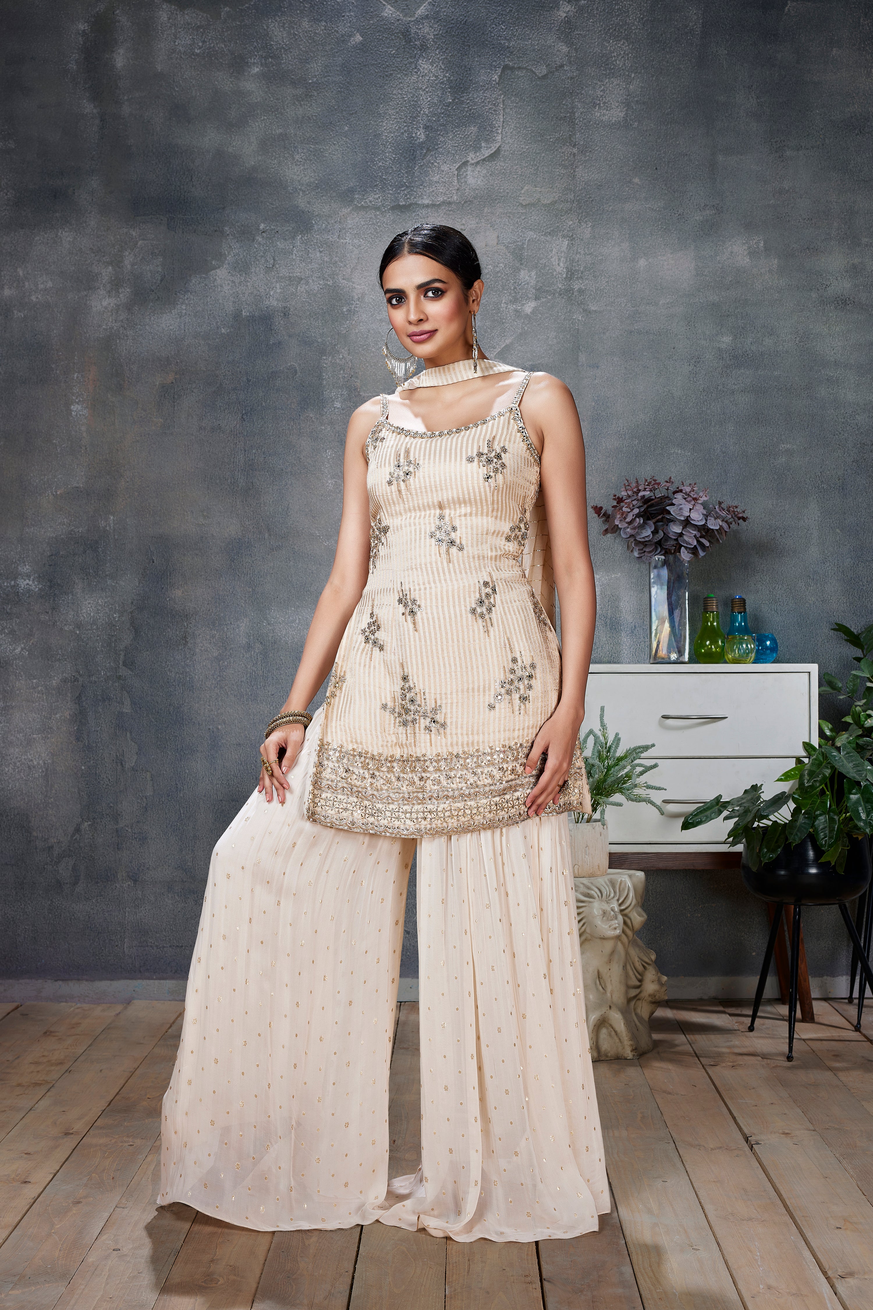 wedding, wedding outfit, brides, bridesmaids, blouse, indian outfit, indian wear, traditional, Fusion Outfit, Indo-Western Ensemble, Sharara Suit, Ethnic Fusion Attire, Contemporary Sharara, Indo-Fusion Dress, ivory , cream , ivory sharara Modern Ethnic Wear Indian-Inspired Jumpsuit Fusion Palazzo Set, Ethnic Dhoti Pants