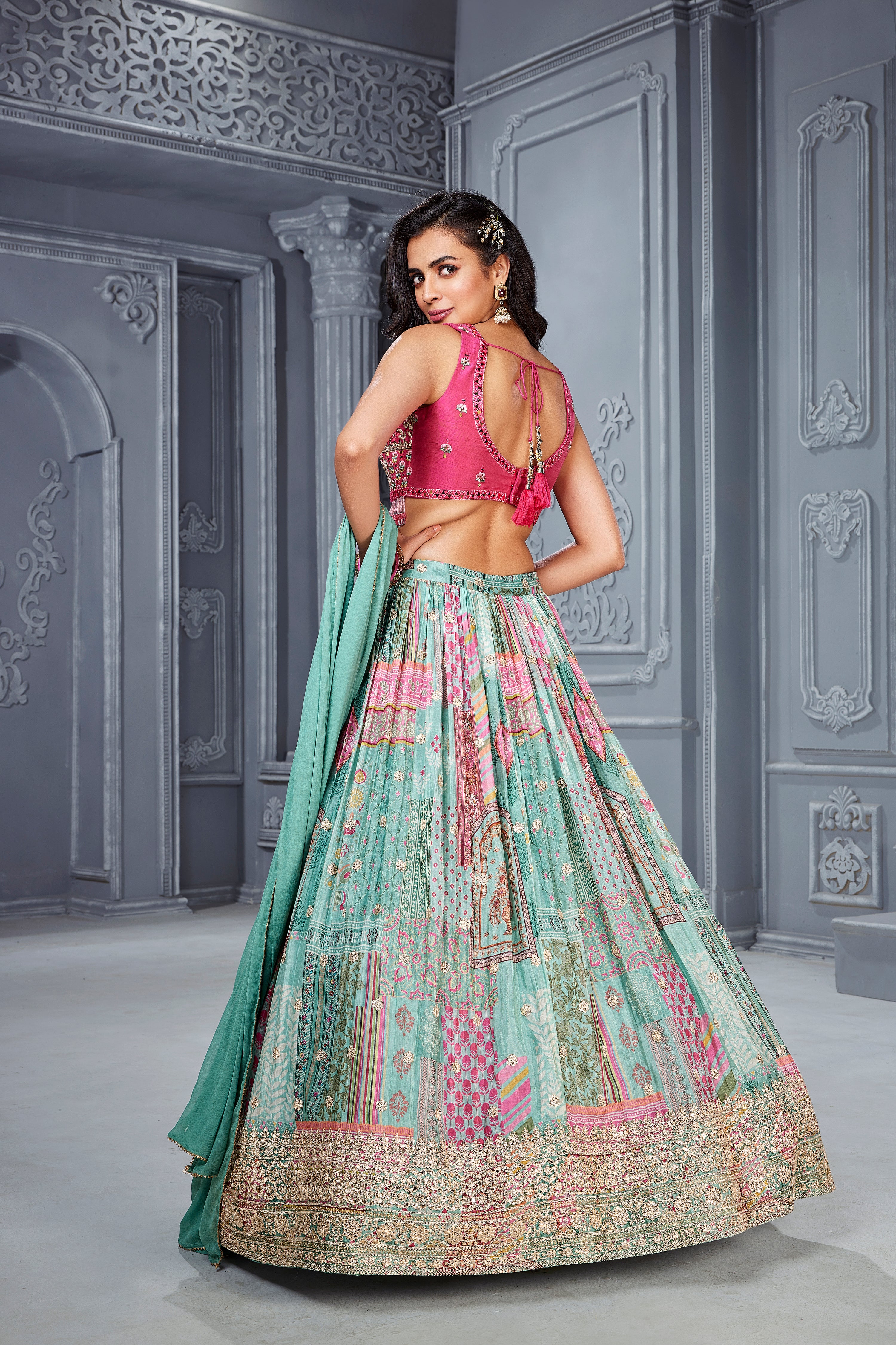 wedding, wedding outfit, lehenga, lehenga with jacket, aqua blue, brides, bridesmaids, blouse, indian outfit, indian wear, traditional, sharara, ethnic wear, printed lehenga, lehenga, pink lehenga, flared sleeves choli, lehenga set, Bridal, lehenga set