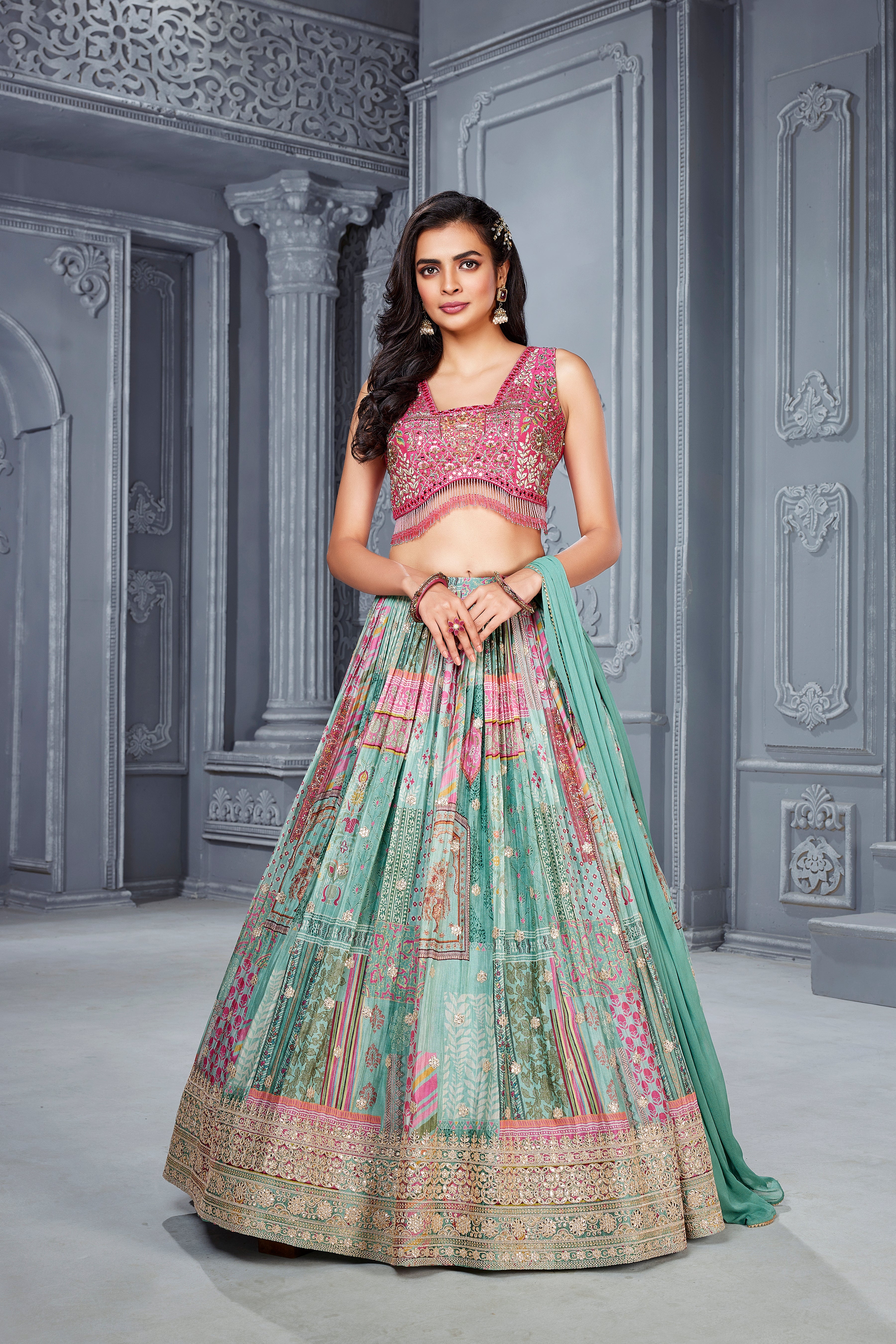 wedding, wedding outfit, lehenga, lehenga with jacket, aqua blue, brides, bridesmaids, blouse, indian outfit, indian wear, traditional, sharara, ethnic wear, printed lehenga, lehenga, pink lehenga, flared sleeves choli, lehenga set, Bridal, lehenga set