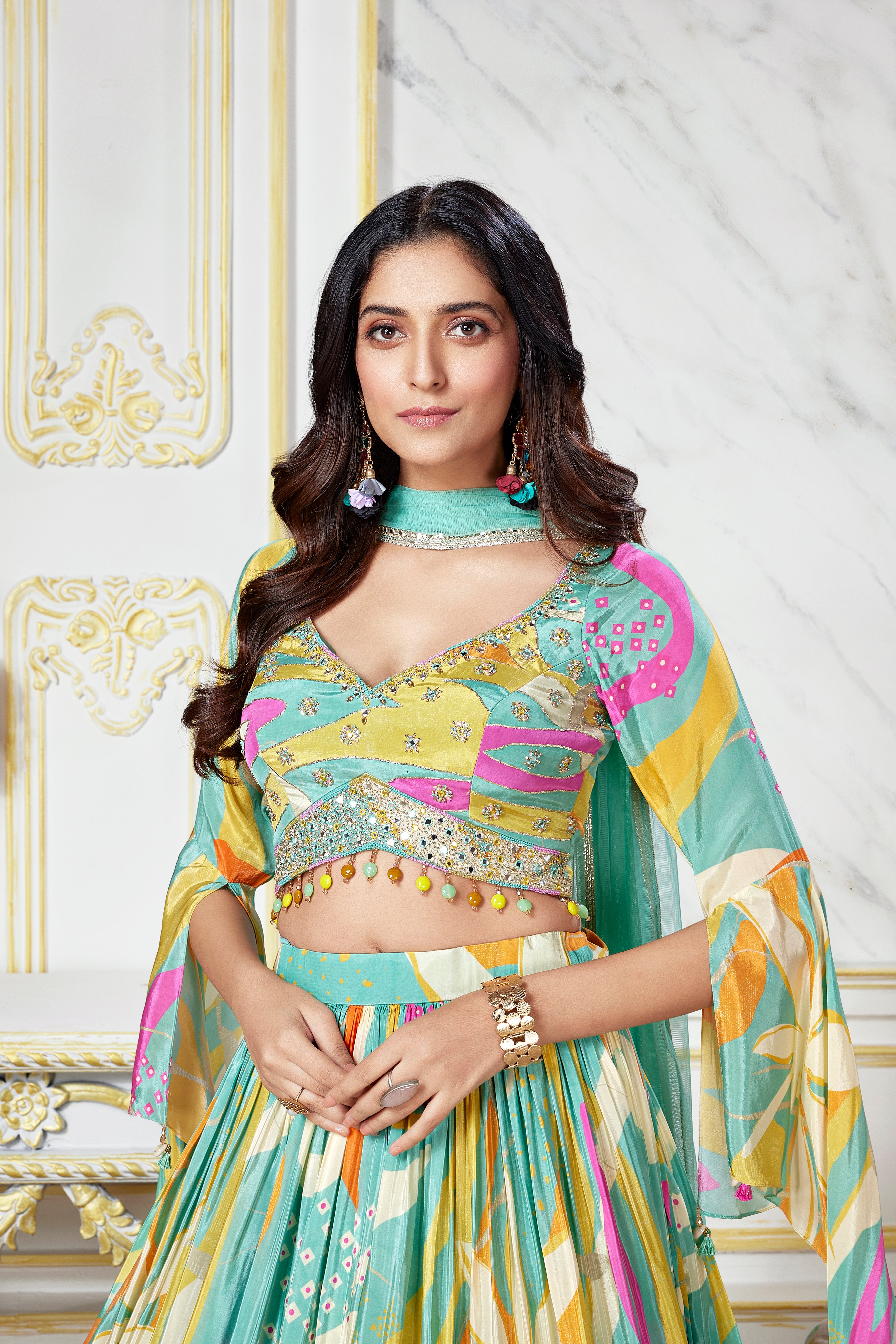 wedding, wedding outfit, lehenga, lehenga with jacket, yellow, brides, bridesmaids, blouse, indian outfit, indian wear, traditional, sharara, ethnic wear, printed lehenga, lehenga, brown lehenga, flared sleeves choli, lehenga set, Bridal, lehenga set, floral, blue , blue lehenga