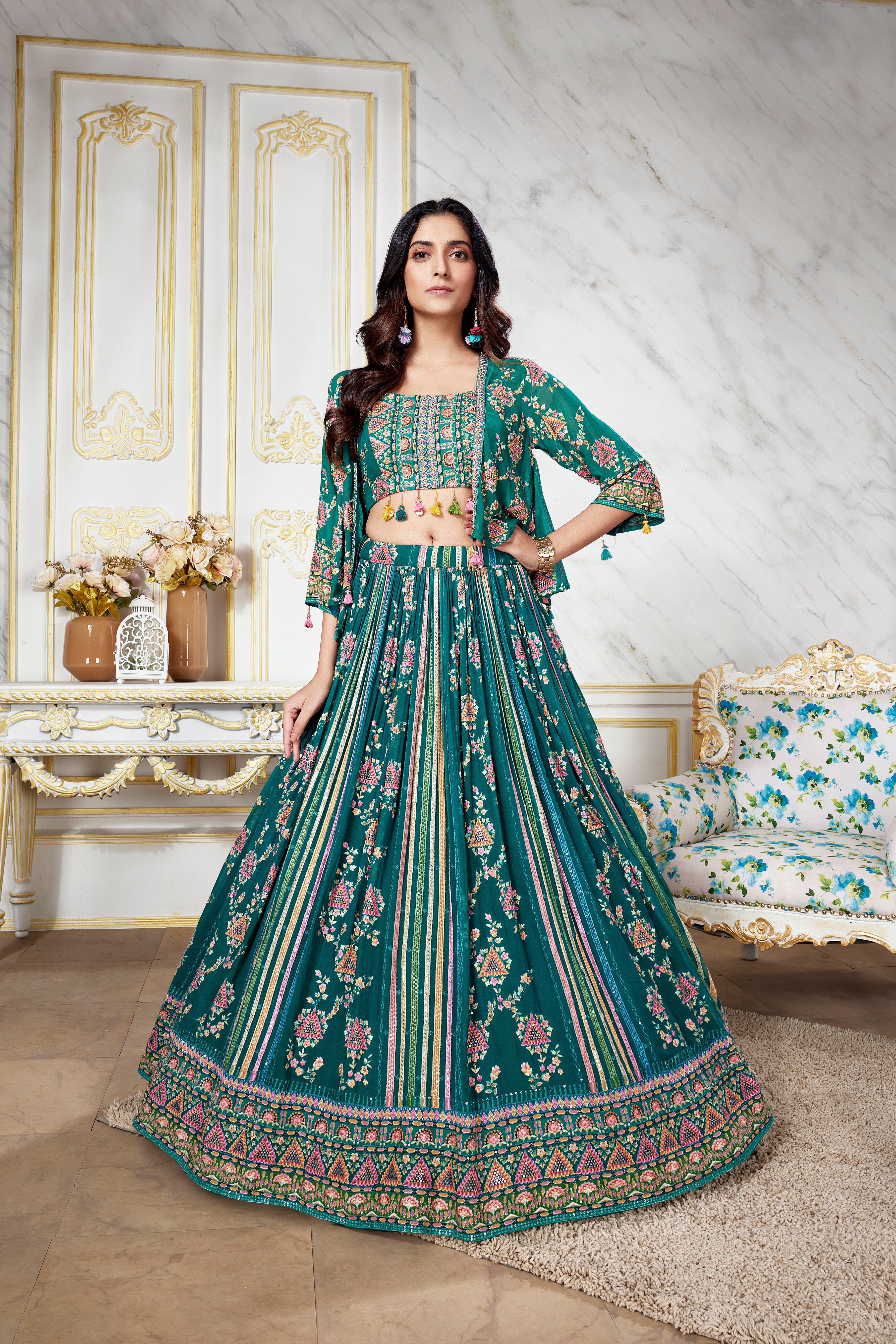 wedding, wedding outfit, lehenga, lehenga with jacket, aqua blue, brides, bridesmaids, blouse, indian outfit, indian wear, traditional, sharara, ethnic wear, printed lehenga, lehenga choli, lehenga set, Bridal