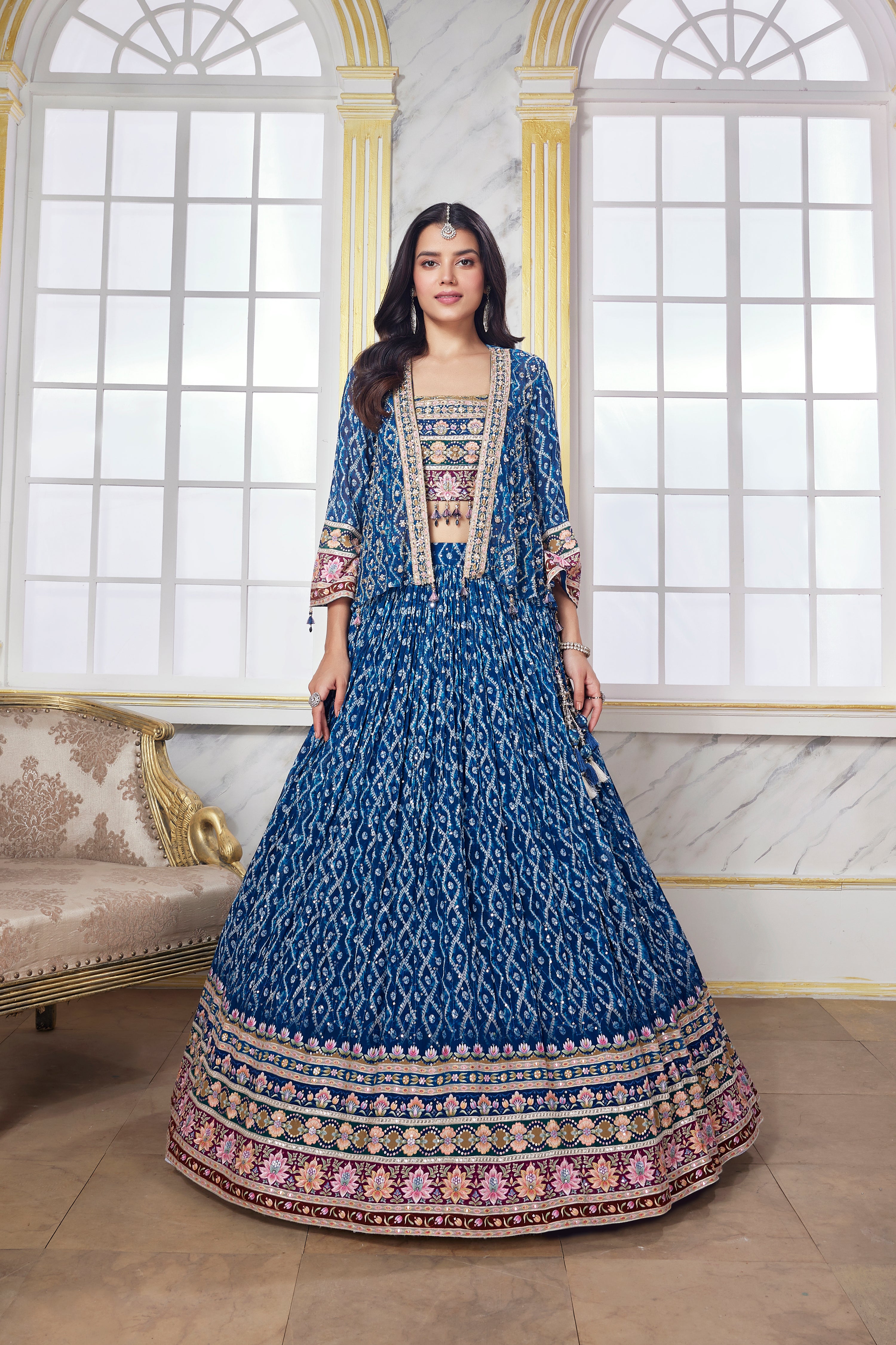 wedding, wedding outfit, lehenga, lehenga with jacket, yellow, brides, bridesmaids, blouse, indian outfit, indian wear, traditional, sharara, ethnic wear, printed lehenga, lehenga, brown lehenga, flared sleeves choli, lehenga set, Bridal, lehenga set, floral, blue , lehenga