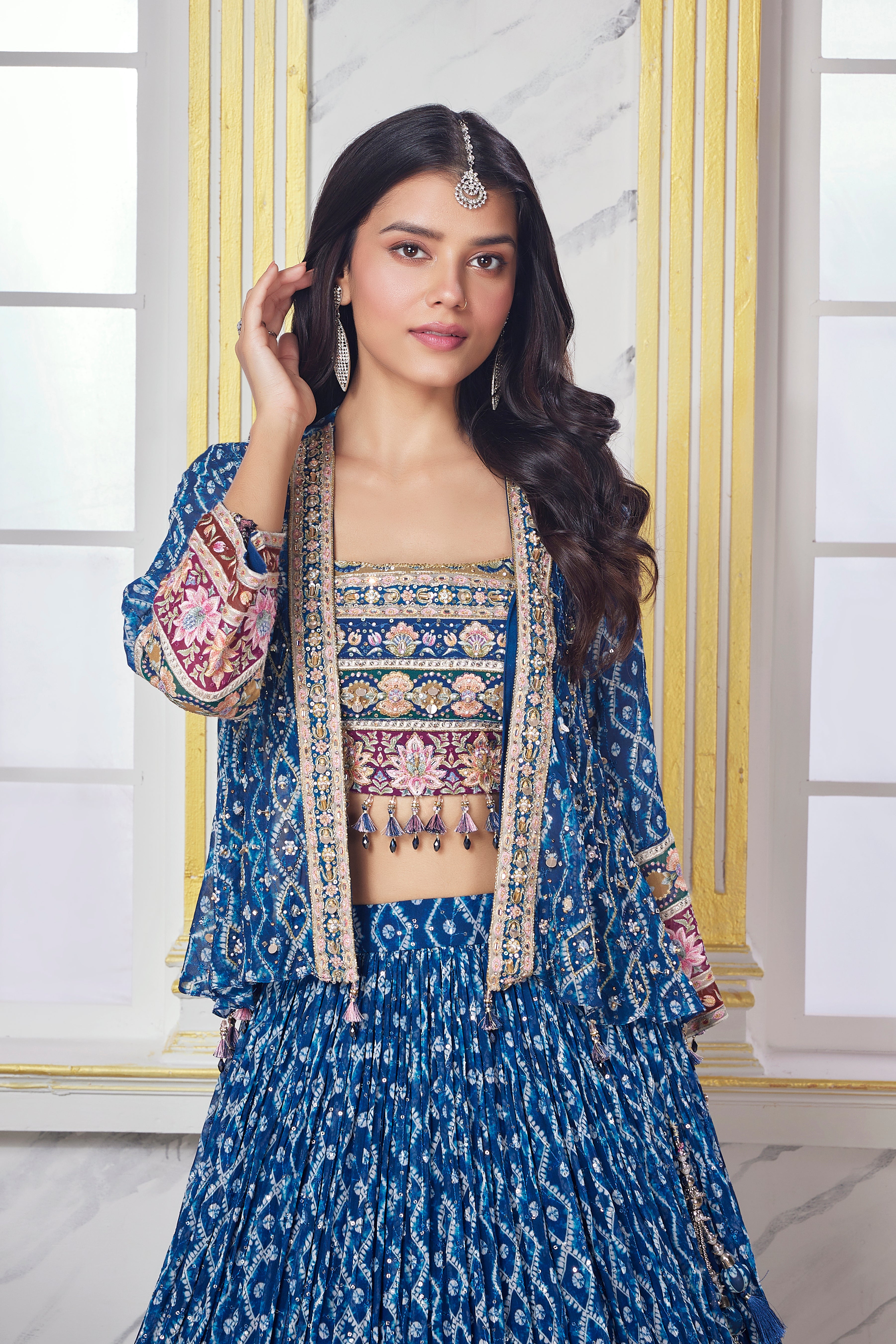 wedding, wedding outfit, lehenga, lehenga with jacket, yellow, brides, bridesmaids, blouse, indian outfit, indian wear, traditional, sharara, ethnic wear, printed lehenga, lehenga, brown lehenga, flared sleeves choli, lehenga set, Bridal, lehenga set, floral, blue , lehenga