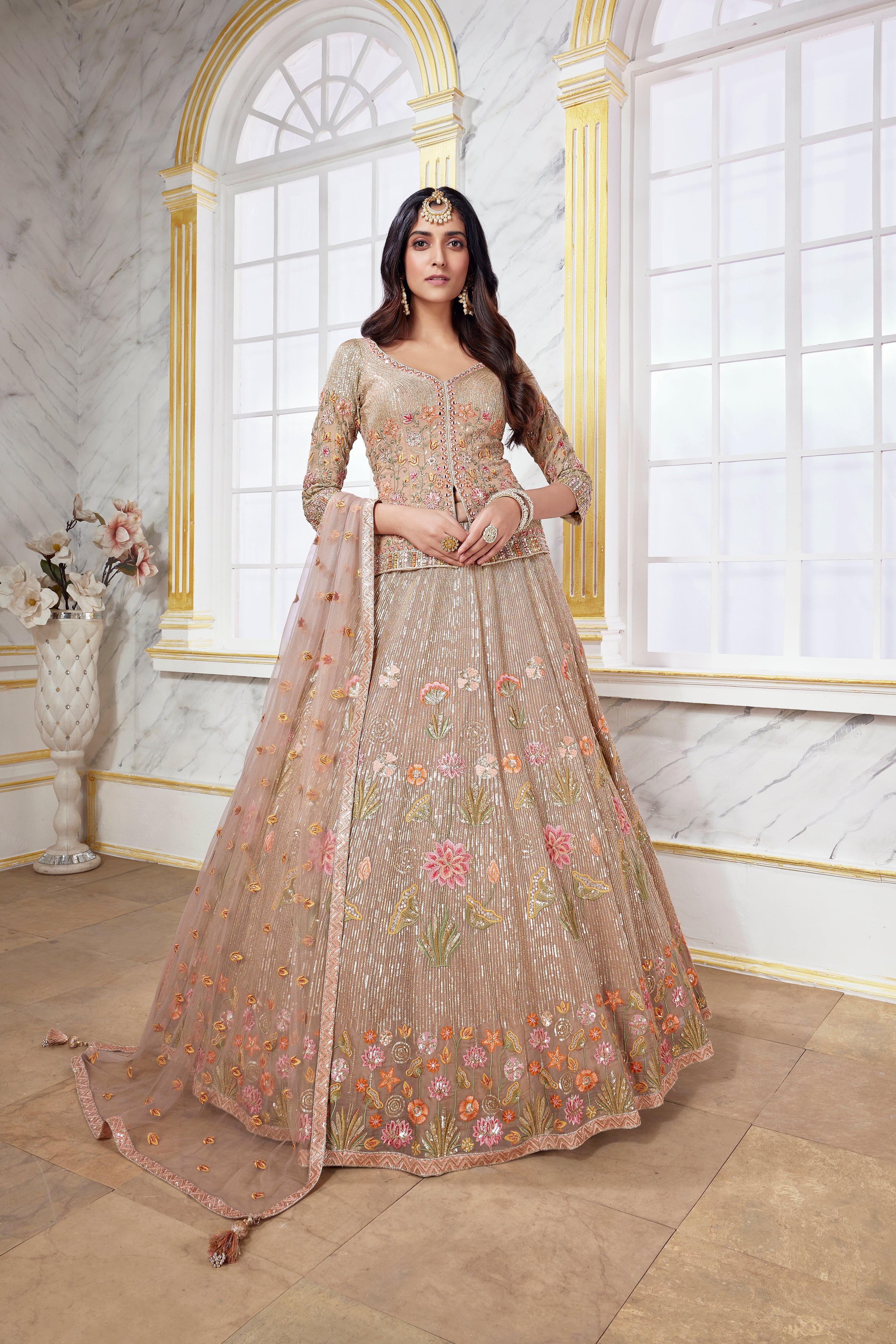 wedding, wedding outfit, lehenga, lehenga with jacket, yellow, brides, bridesmaids, blouse, indian outfit, indian wear, traditional, sharara, ethnic wear, printed lehenga, lehenga, brown lehenga, flared sleeves choli, lehenga set, Bridal, lehenga set, floral, brown, lehenga