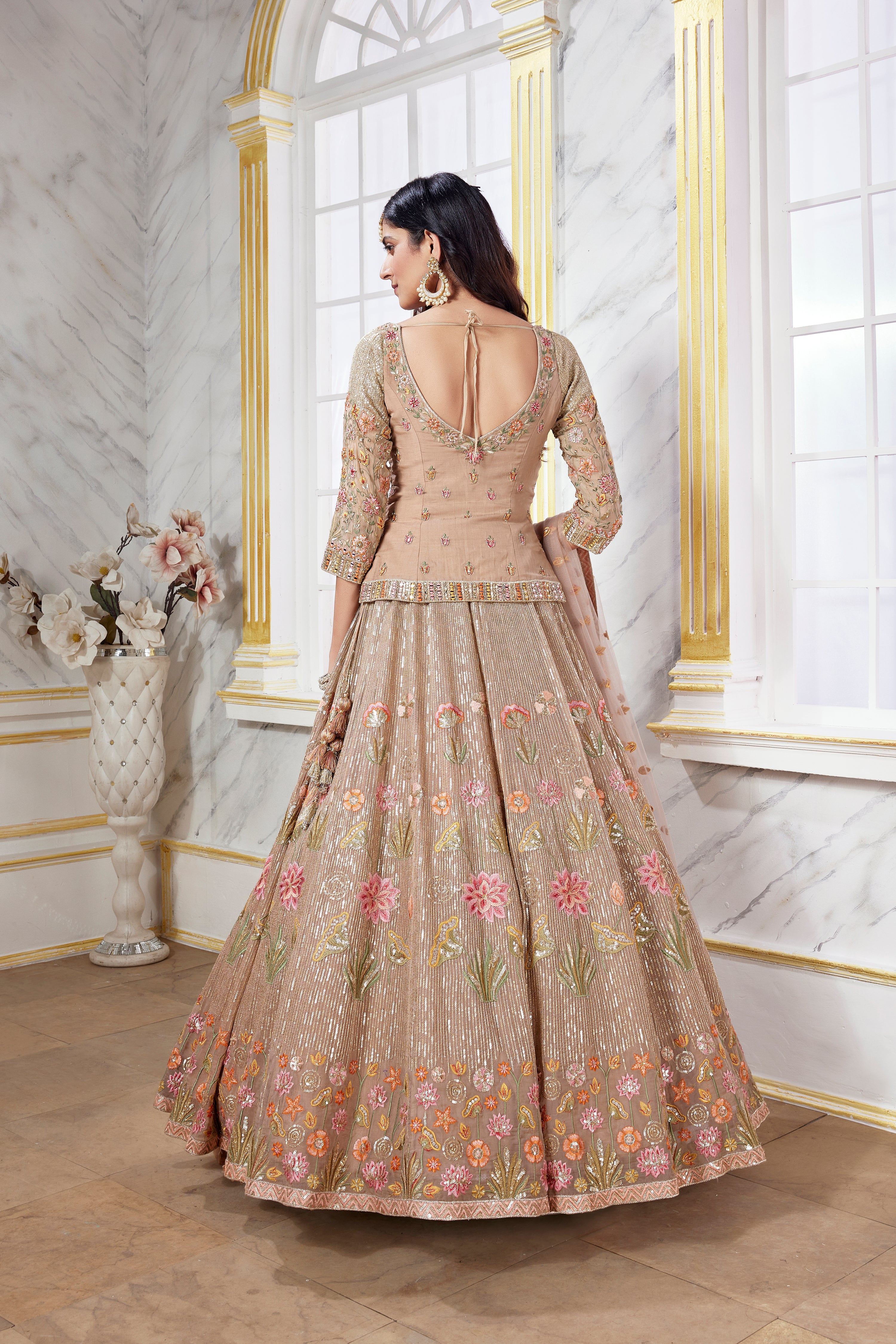 wedding, wedding outfit, lehenga, lehenga with jacket, yellow, brides, bridesmaids, blouse, indian outfit, indian wear, traditional, sharara, ethnic wear, printed lehenga, lehenga, brown lehenga, flared sleeves choli, lehenga set, Bridal, lehenga set, floral, brown, lehenga