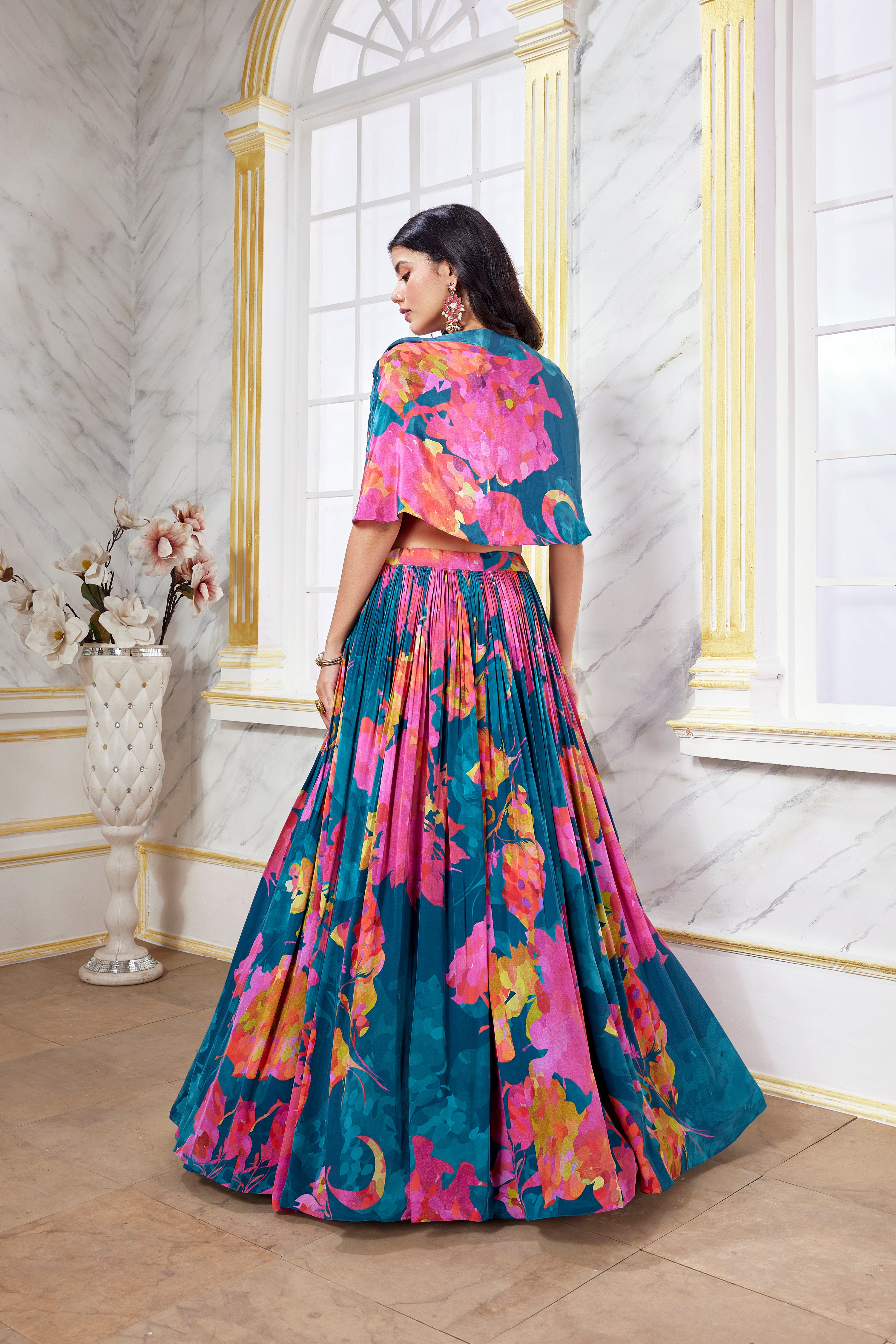 wedding, wedding outfit, lehenga, lehenga with jacket, yellow, brides, bridesmaids, blouse, indian outfit, indian wear, traditional, sharara, ethnic wear, printed lehenga, lehenga, brown lehenga, flared sleeves choli, lehenga set, Bridal, lehenga set, floral, blue , blue lehenga