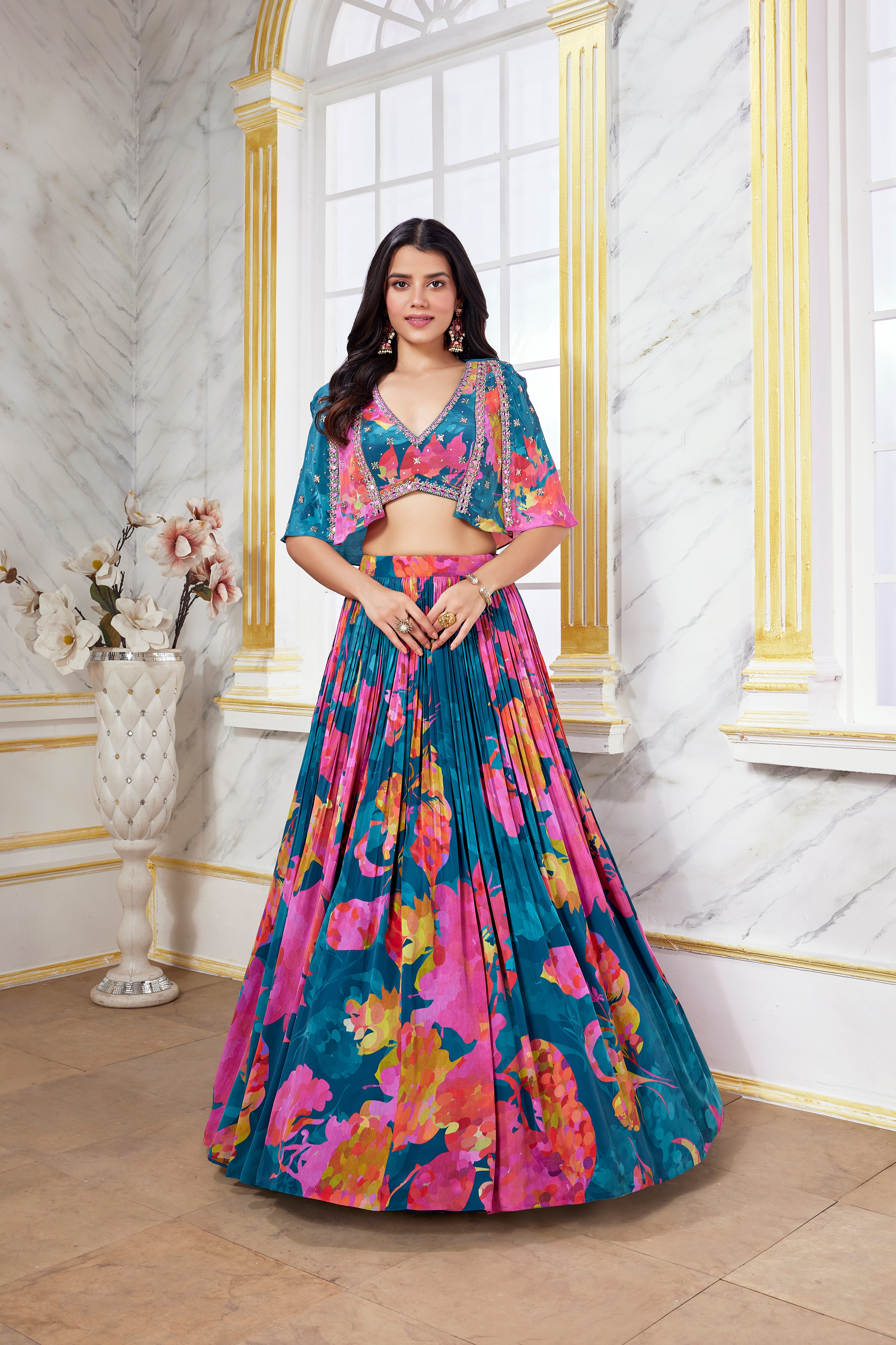 wedding, wedding outfit, lehenga, lehenga with jacket, yellow, brides, bridesmaids, blouse, indian outfit, indian wear, traditional, sharara, ethnic wear, printed lehenga, lehenga, brown lehenga, flared sleeves choli, lehenga set, Bridal, lehenga set, floral, blue , blue lehenga