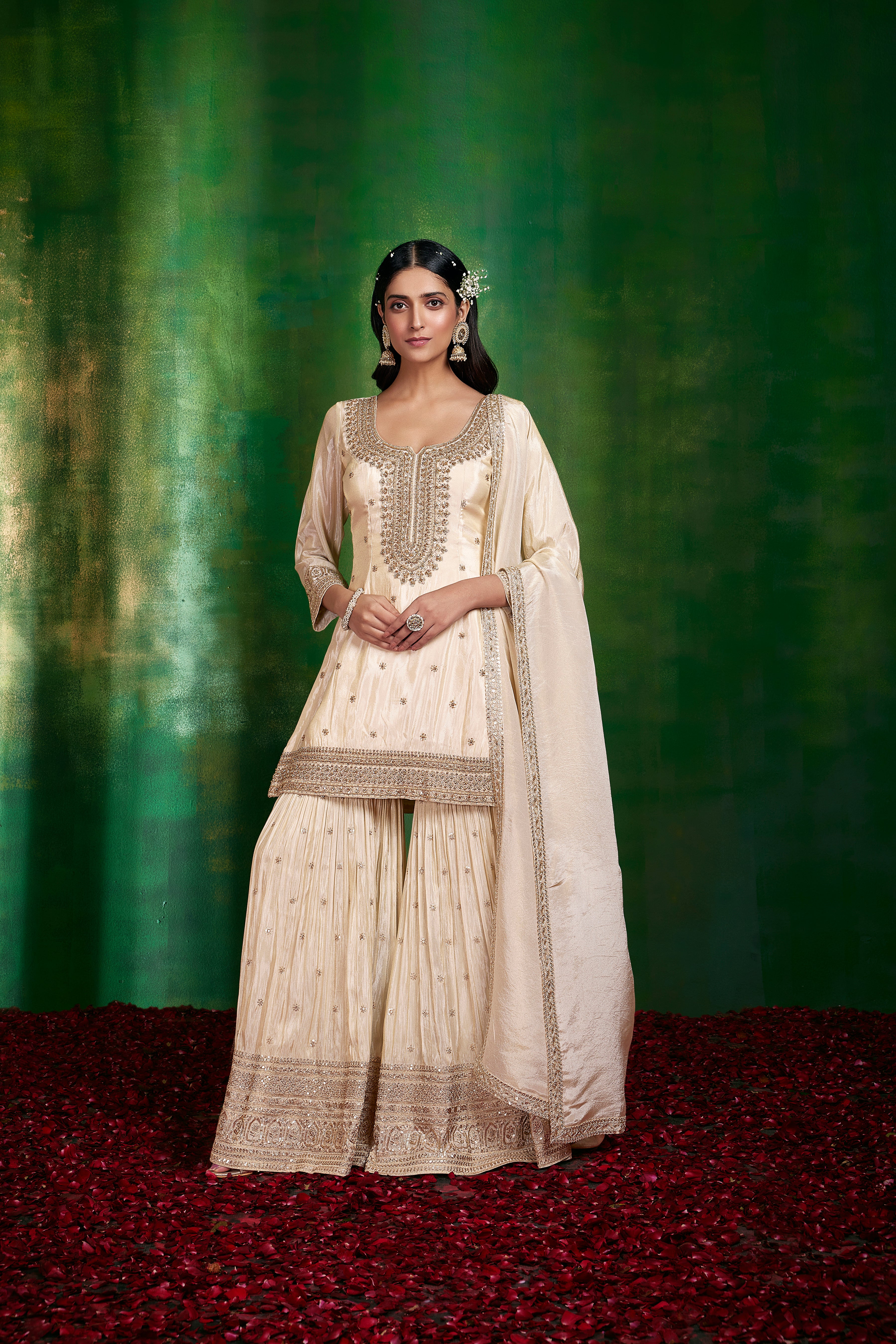 wedding, wedding outfit, brides, bridesmaids, blouse, indian outfit, indian wear, traditional, Fusion Outfit, Indo-Western Ensemble, Sharara Suit, Ethnic Fusion Attire, Contemporary Sharara, Indo-Fusion Dress, ivory , cream , ivory sharara Modern Ethnic Wear Indian-Inspired Jumpsuit Fusion Palazzo Set, Ethnic Dhoti Pants