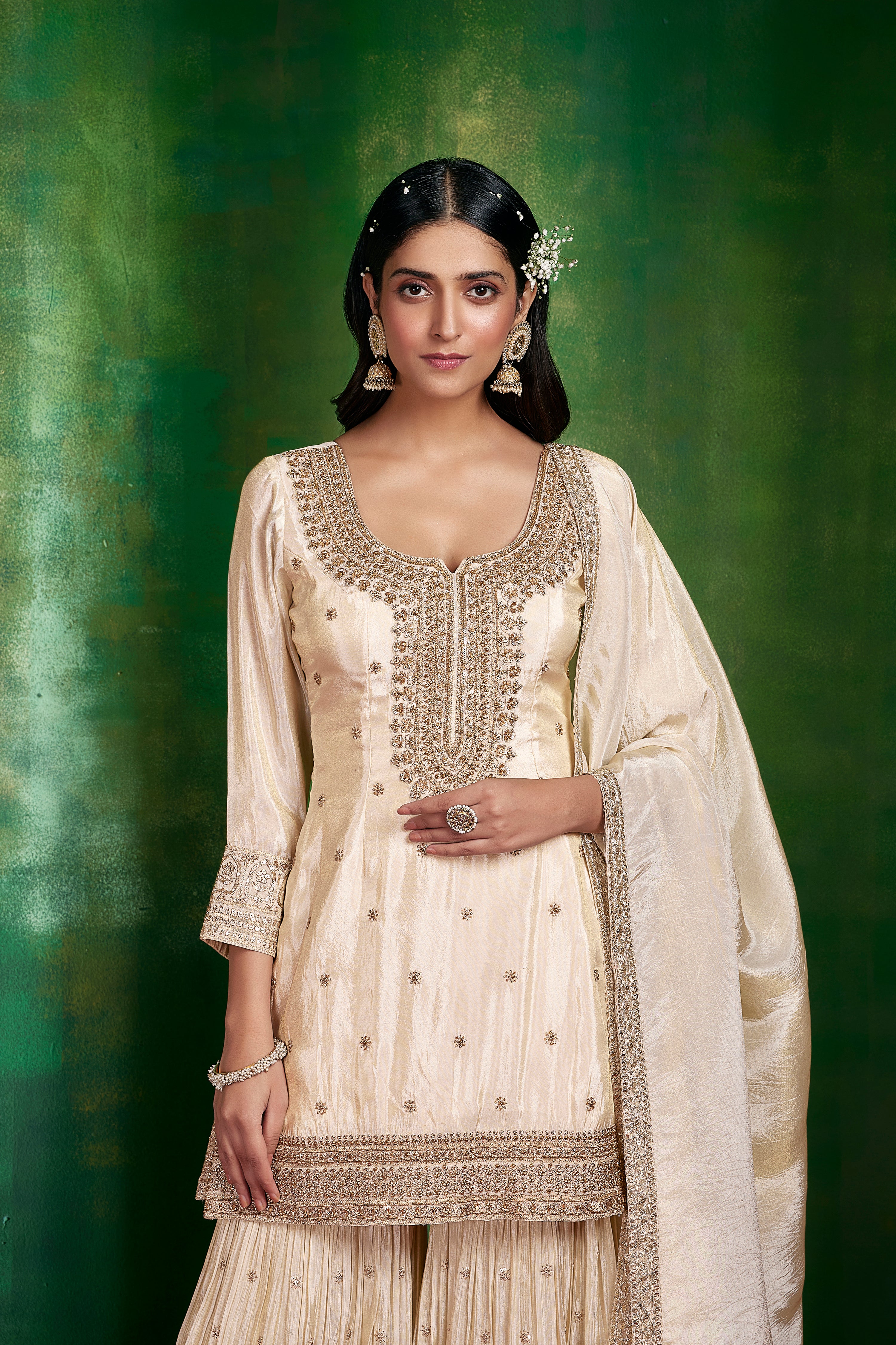 wedding, wedding outfit, brides, bridesmaids, blouse, indian outfit, indian wear, traditional, Fusion Outfit, Indo-Western Ensemble, Sharara Suit, Ethnic Fusion Attire, Contemporary Sharara, Indo-Fusion Dress, ivory , cream , ivory sharara Modern Ethnic Wear Indian-Inspired Jumpsuit Fusion Palazzo Set, Ethnic Dhoti Pants