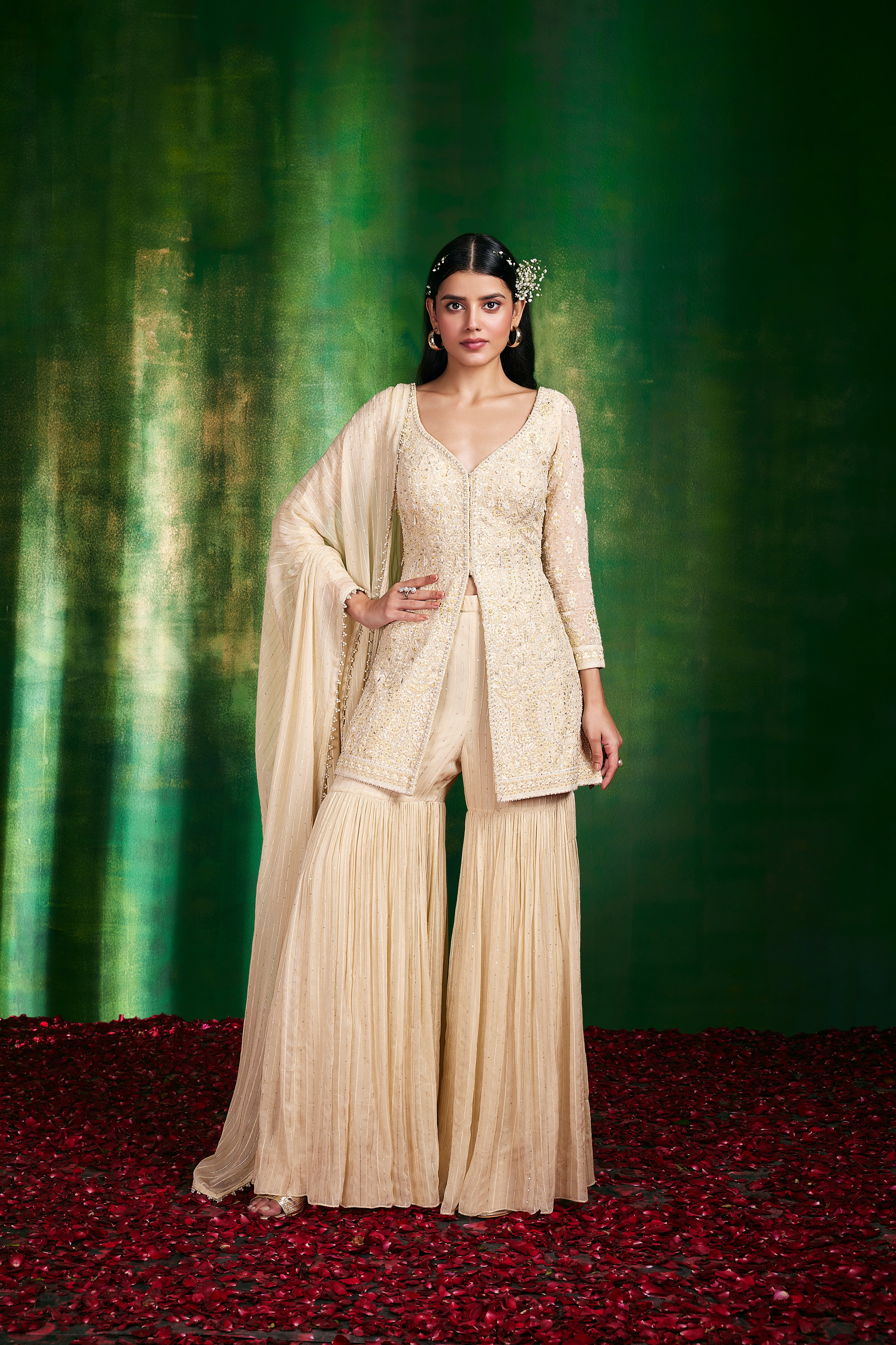 wedding, wedding outfit, brides, bridesmaids, blouse, indian outfit, indian wear, traditional, Fusion Outfit, Indo-Western Ensemble, Sharara Suit, Ethnic Fusion Attire, Contemporary Sharara, Indo-Fusion Dress, ivory , cream , ivory sharara Modern Ethnic Wear Indian-Inspired Jumpsuit Fusion Palazzo Set, Ethnic Dhoti Pants