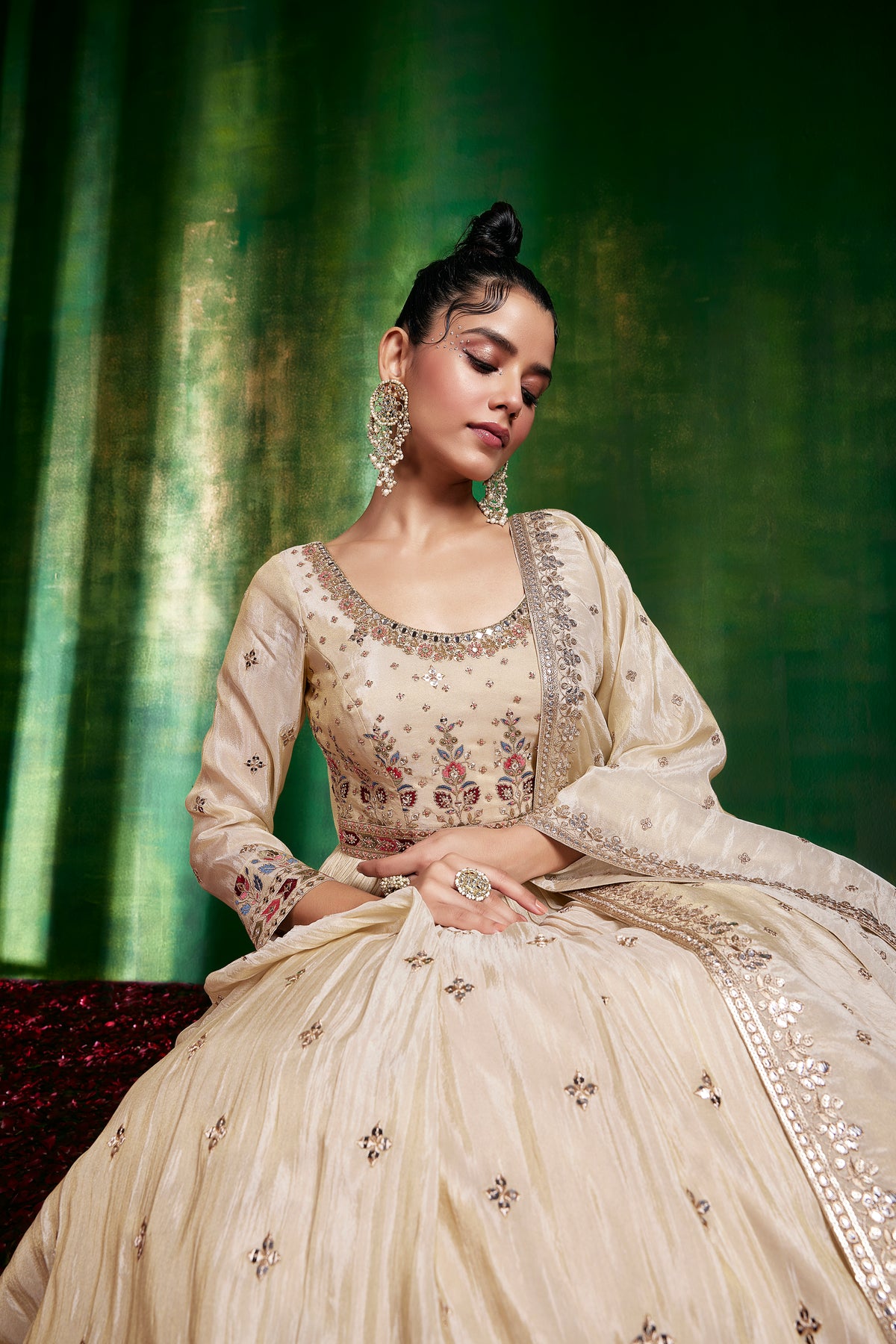 Noorani Cream Solid Anarkali Set