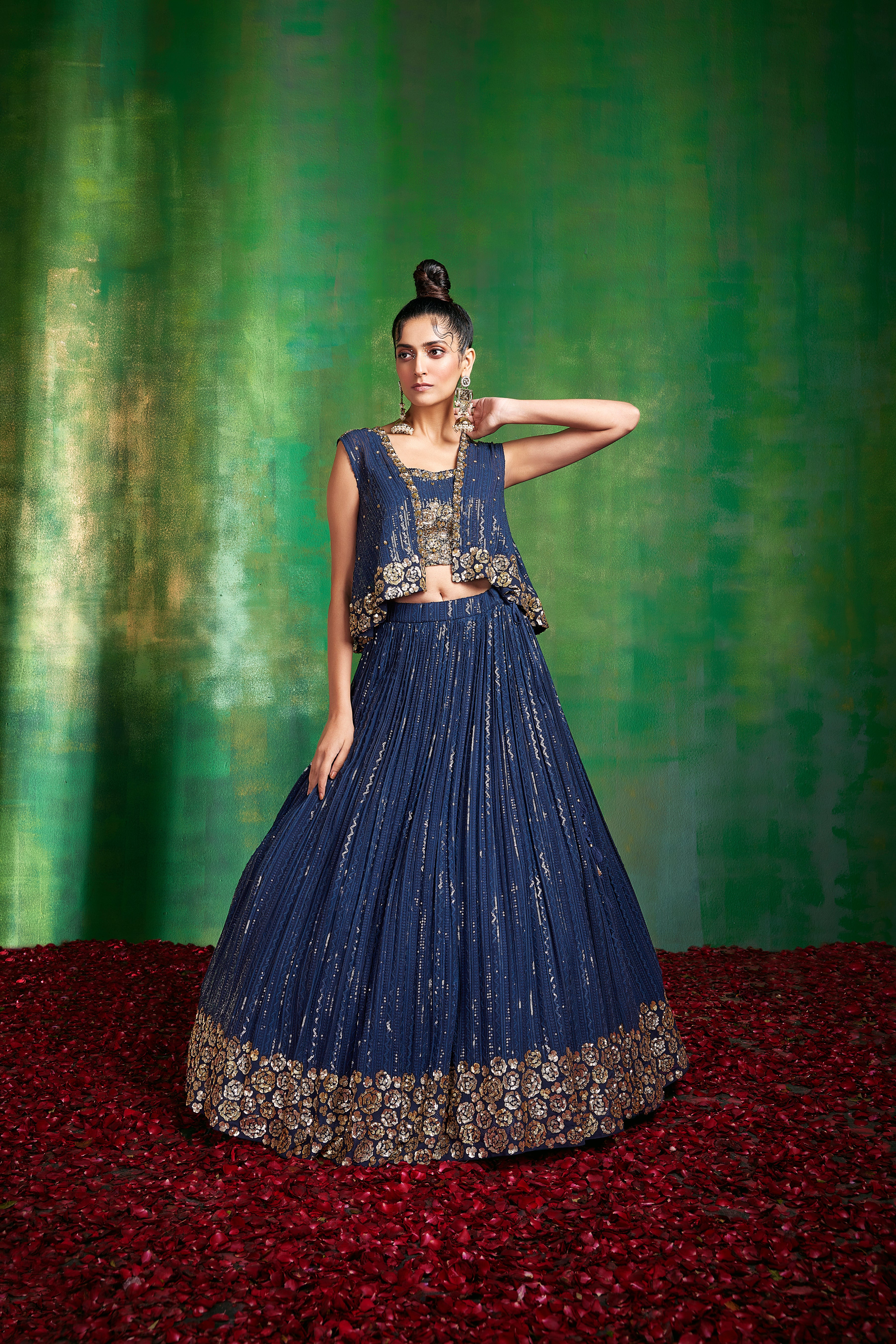 wedding, wedding outfit, lehenga, lehenga with jacket, yellow, brides, bridesmaids, blouse, indian outfit, indian wear, traditional, sharara, ethnic wear, printed lehenga, lehenga, brown lehenga, flared sleeves choli, lehenga set, Bridal, lehenga set, floral, blue , blue lehenga