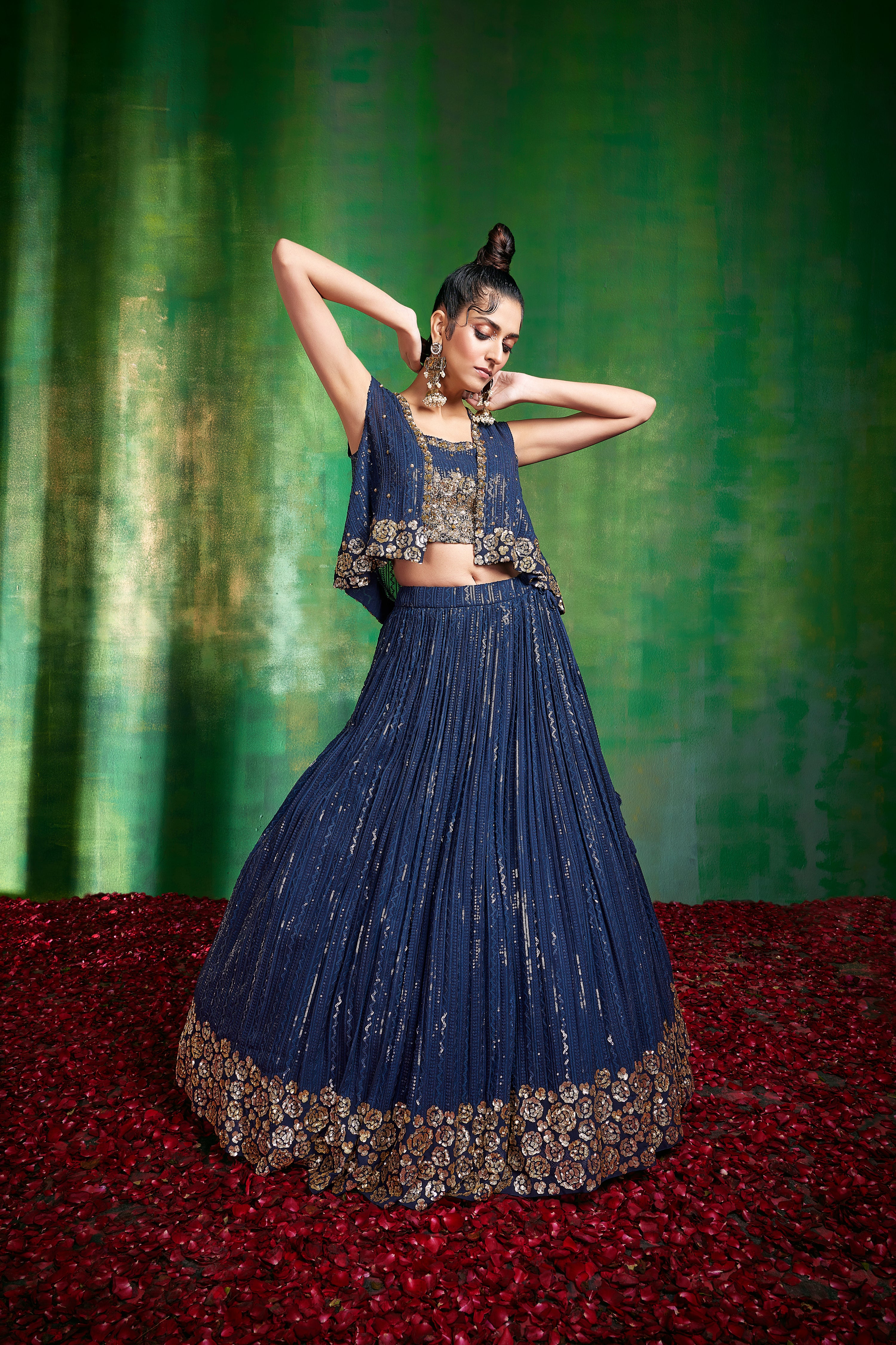 wedding, wedding outfit, lehenga, lehenga with jacket, yellow, brides, bridesmaids, blouse, indian outfit, indian wear, traditional, sharara, ethnic wear, printed lehenga, lehenga, brown lehenga, flared sleeves choli, lehenga set, Bridal, lehenga set, floral, blue , blue lehenga