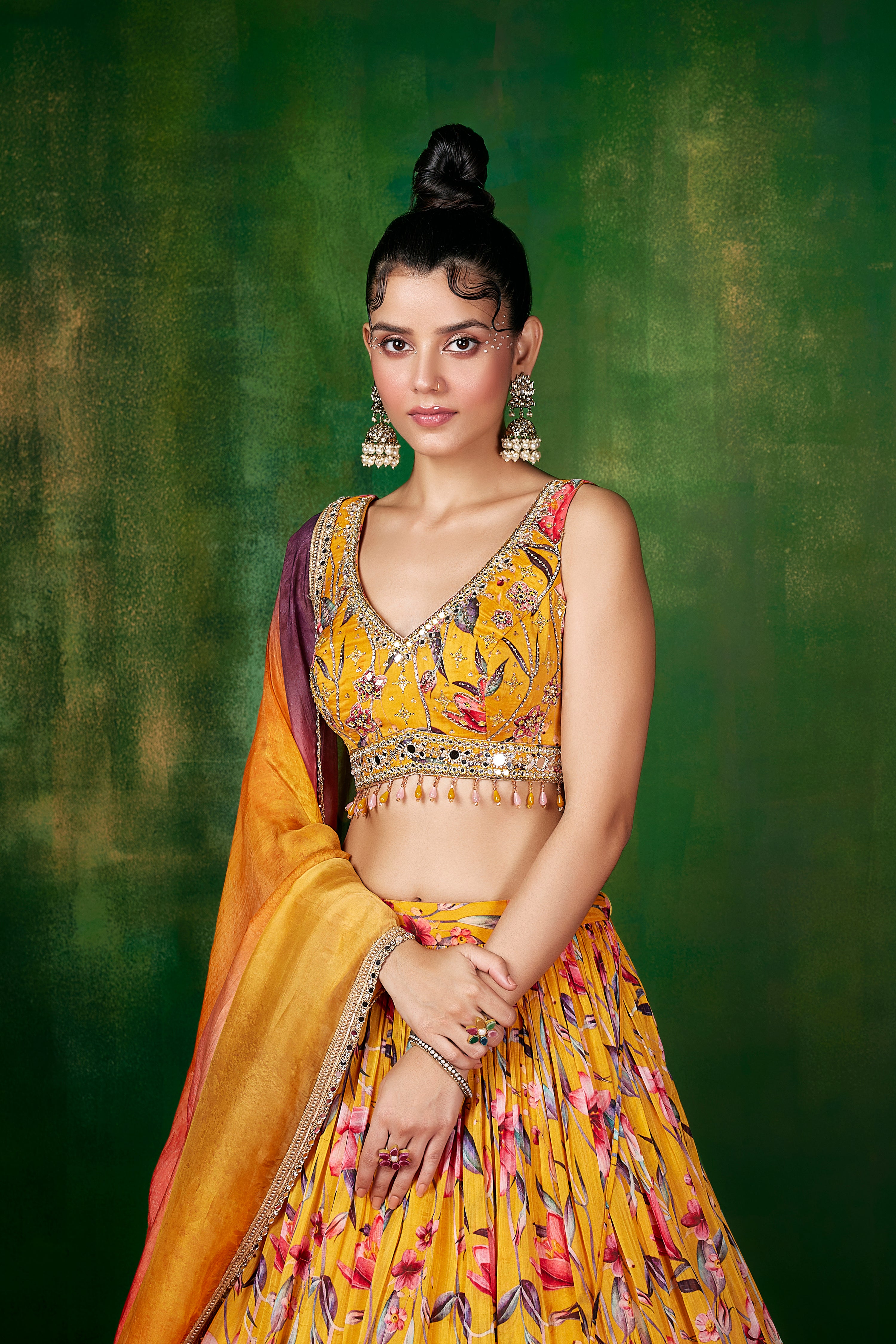 wedding, wedding outfit, lehenga, lehenga with jacket, yellow, brides, bridesmaids, blouse, indian outfit, indian wear, traditional, sharara, ethnic wear, printed lehenga, lehenga, yellow lehenga, flared sleeves choli, lehenga set, Bridal, lehenga set, floral, saffron, haldi lehenga