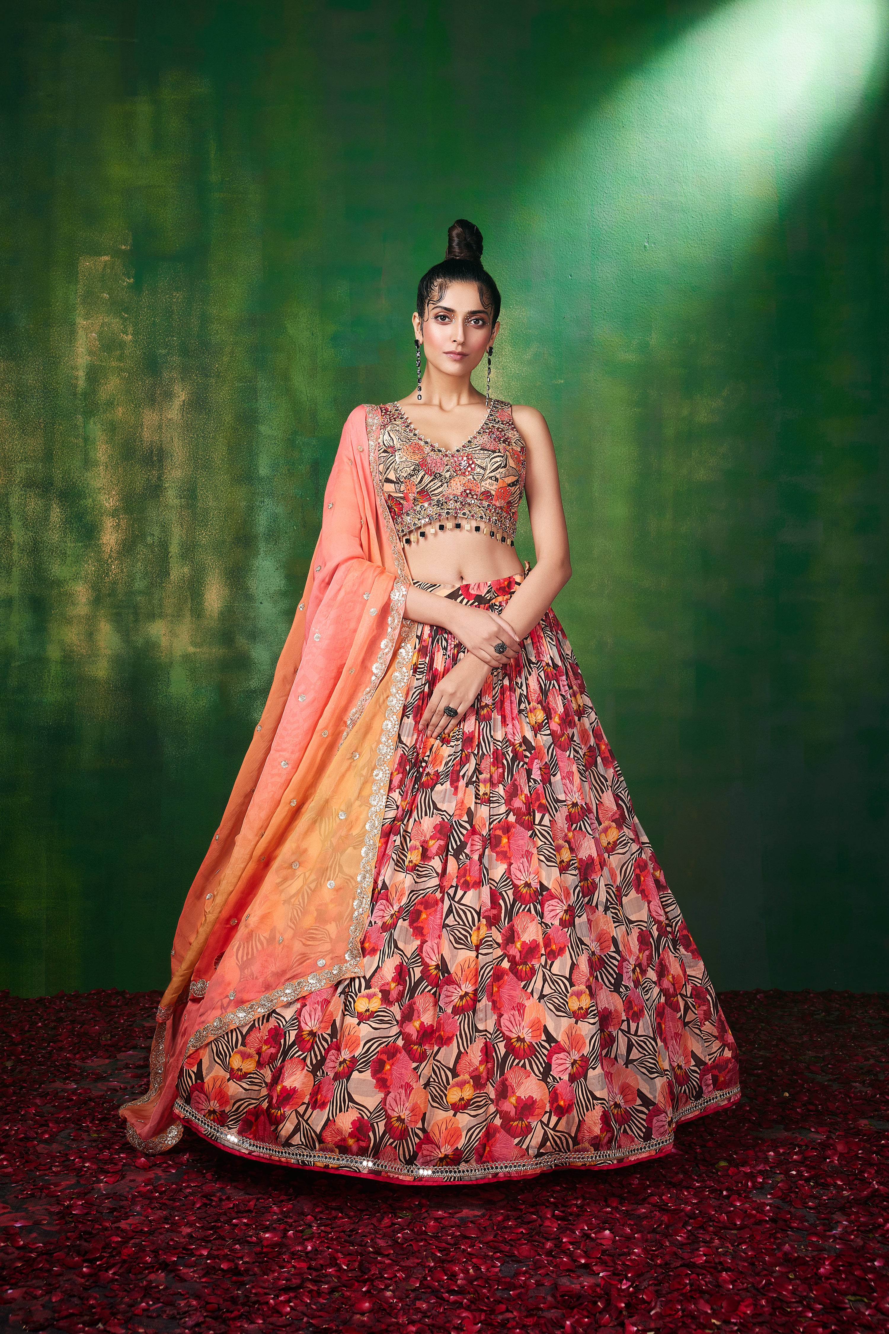 wedding, wedding outfit, lehenga, lehenga with jacket, yellow, brides, bridesmaids, blouse, indian outfit, indian wear, traditional, sharara, ethnic wear, printed lehenga, lehenga, orange lehenga, flared sleeves choli, lehenga set, Bridal, lehenga set, floral, orange, lehenga