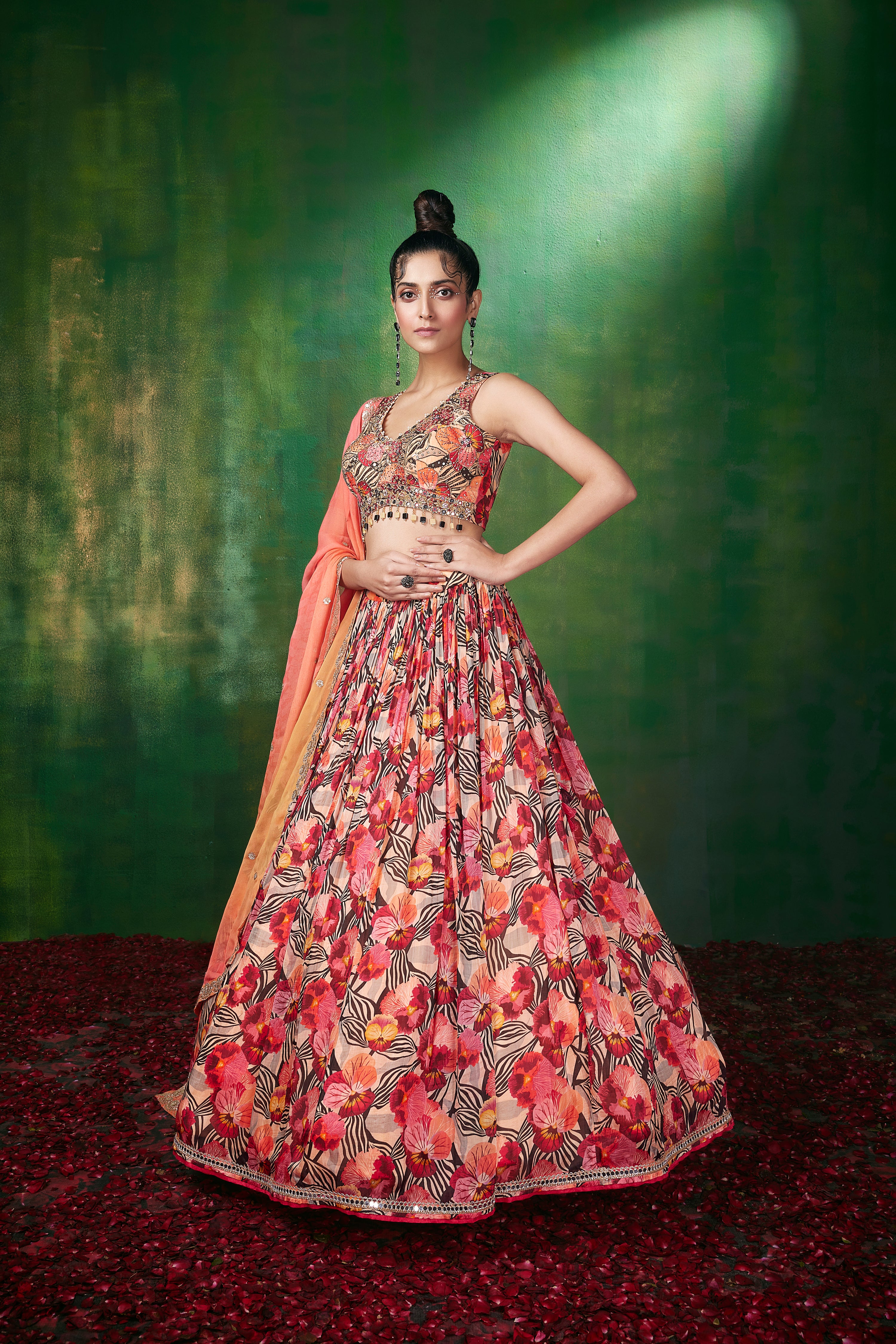 wedding, wedding outfit, lehenga, lehenga with jacket, yellow, brides, bridesmaids, blouse, indian outfit, indian wear, traditional, sharara, ethnic wear, printed lehenga, lehenga, orange lehenga, flared sleeves choli, lehenga set, Bridal, lehenga set, floral, orange, lehenga