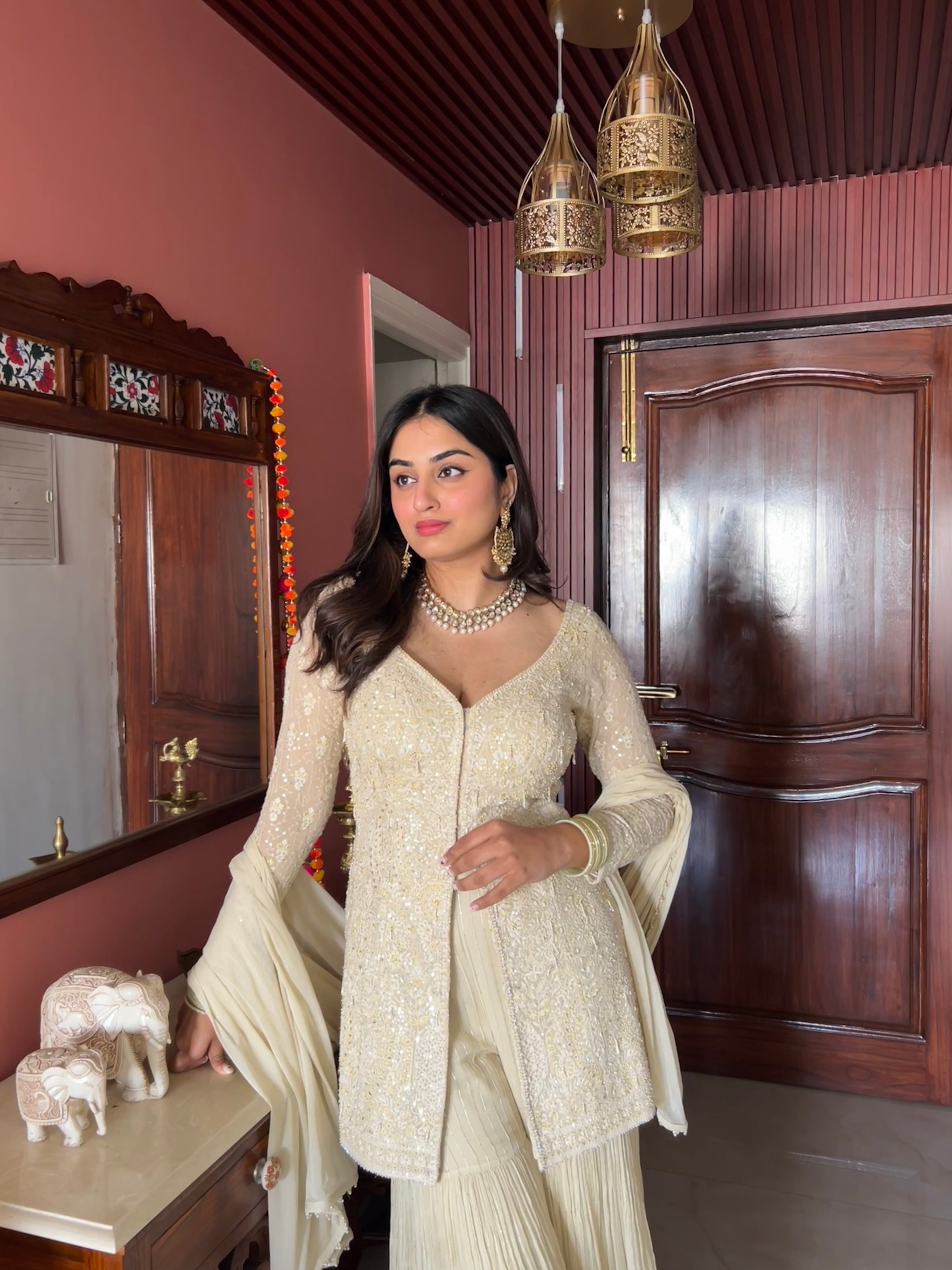 wedding, wedding outfit, brides, bridesmaids, blouse, indian outfit, indian wear, traditional, Fusion Outfit, Indo-Western Ensemble, Sharara Suit, Ethnic Fusion Attire, Contemporary Sharara, Indo-Fusion Dress, ivory , cream , ivory sharara Modern Ethnic Wear Indian-Inspired Jumpsuit Fusion Palazzo Set, Ethnic Dhoti Pants