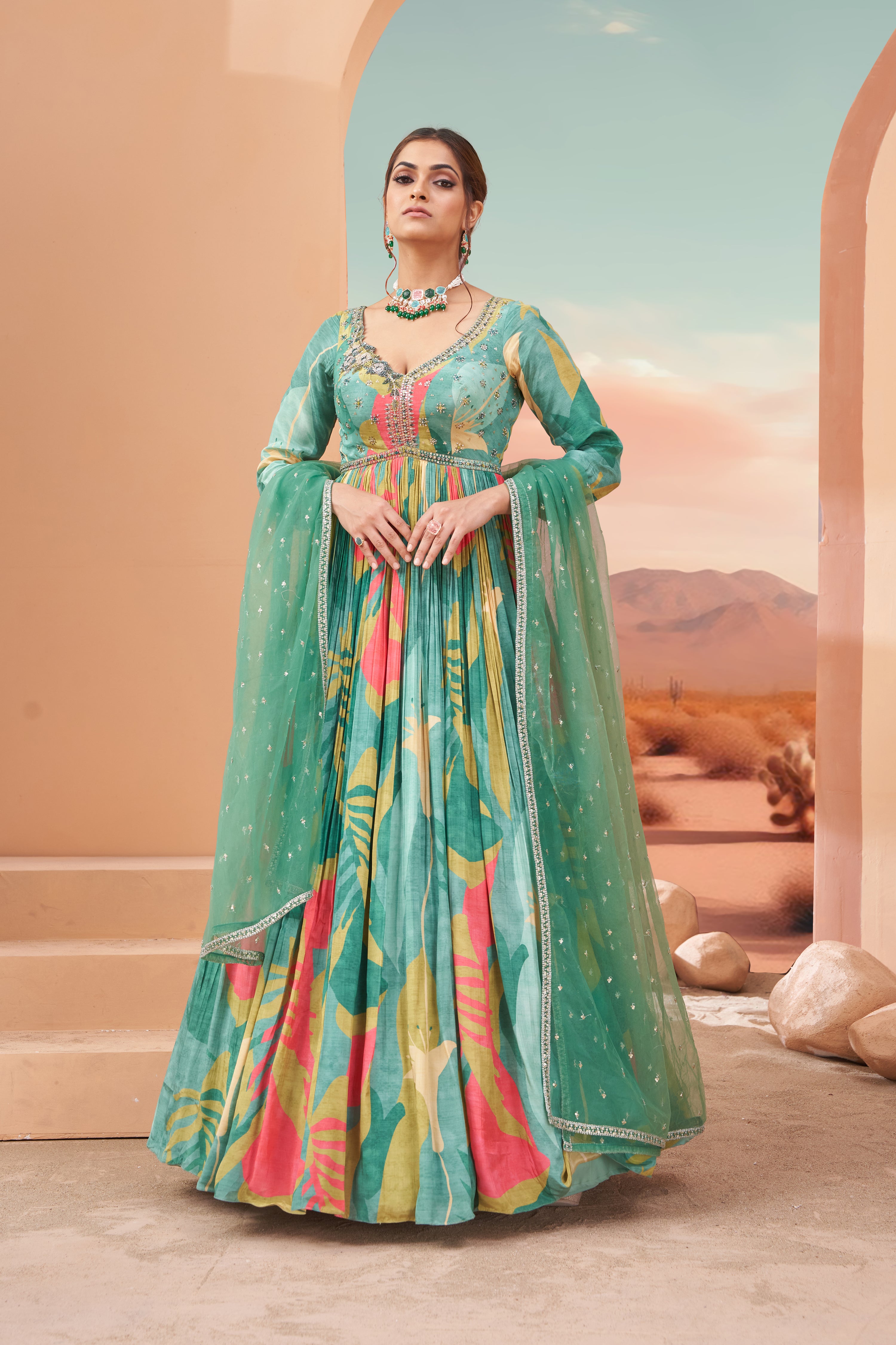 Green Floral Fern Anarkali