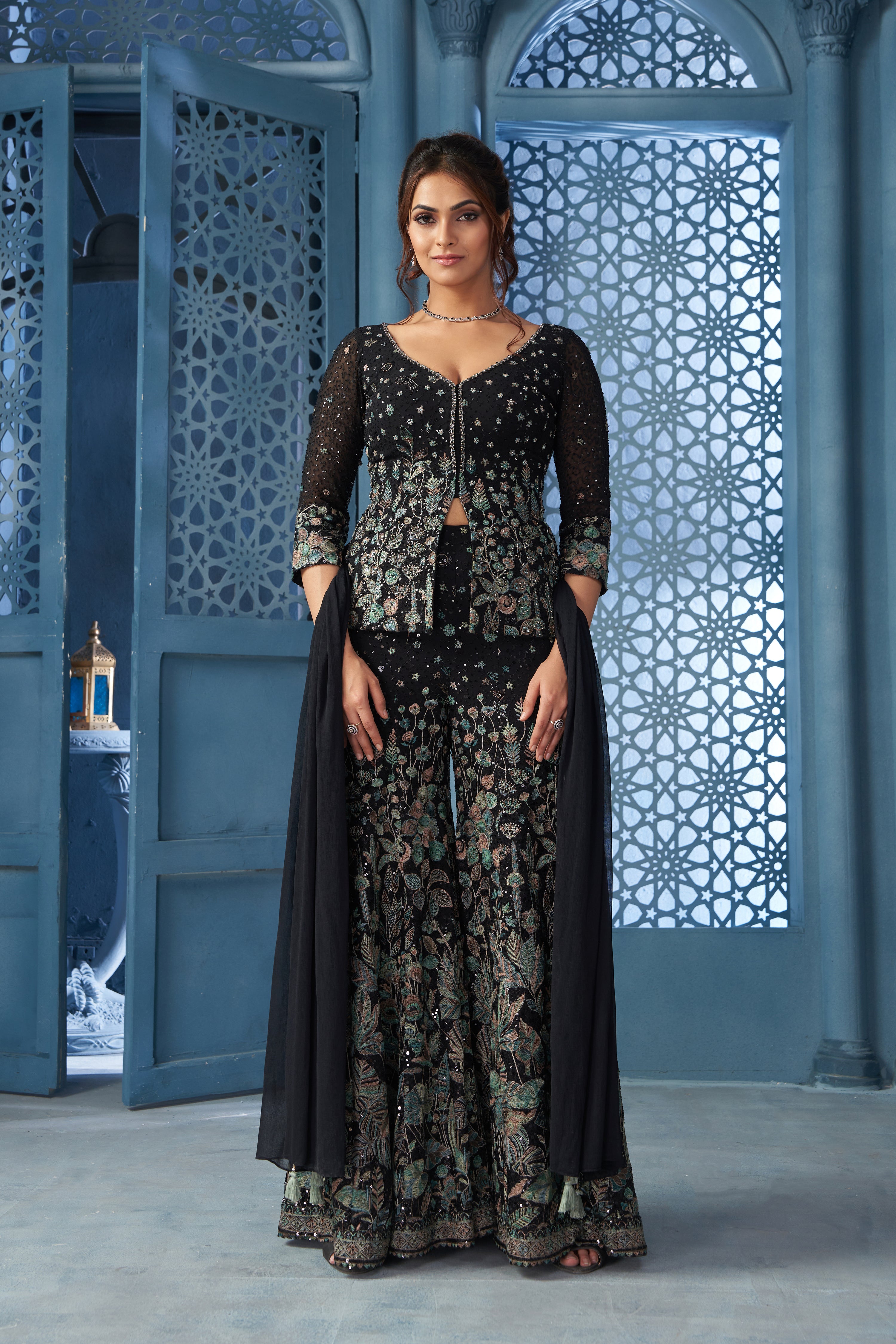 Black Blossom Sharara Set