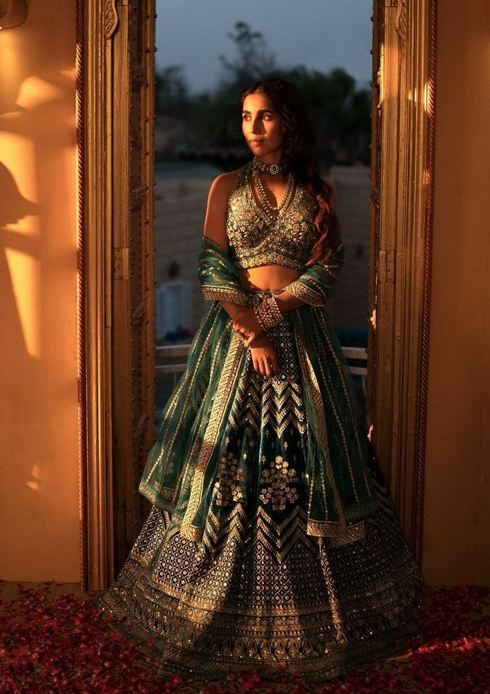 Blue Velvet Gilded Lehenga