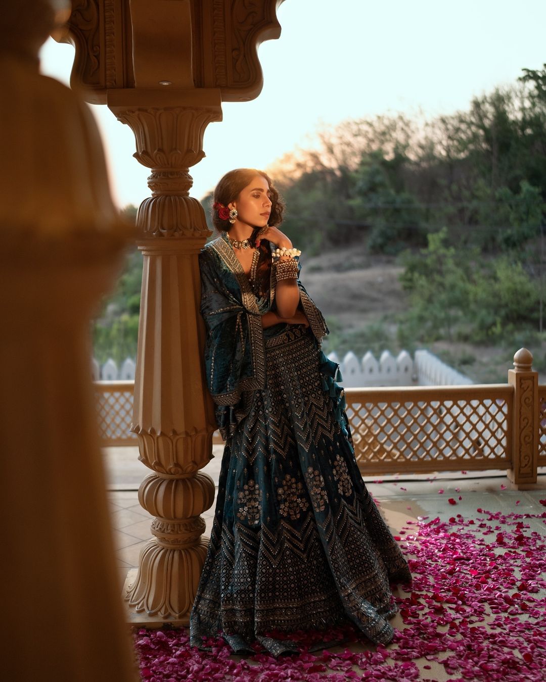 Blue Velvet Gilded Lehenga