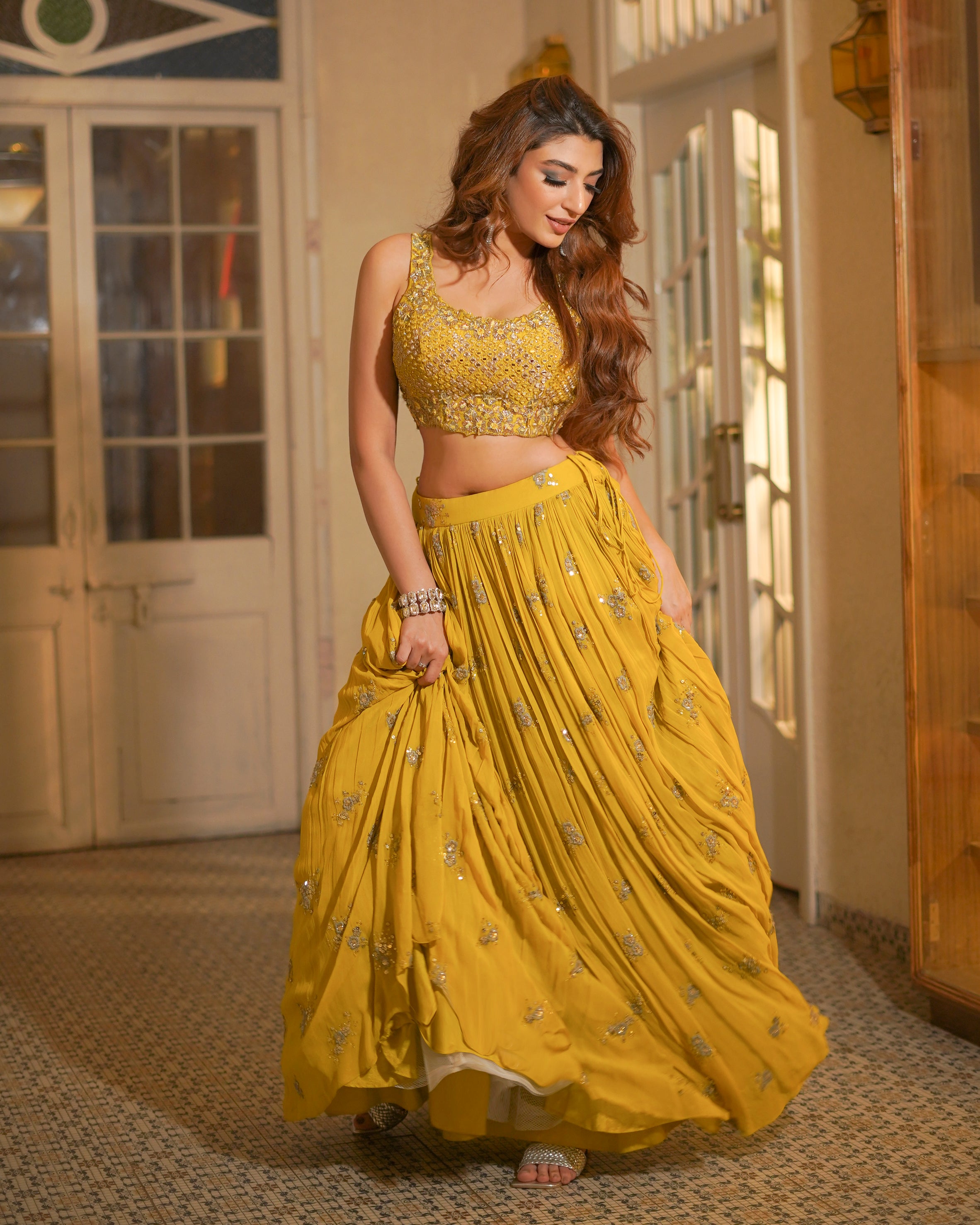 wedding, wedding outfit, lehenga, lehenga with jacket, yellow, brides, bridesmaids, blouse, indian outfit, indian wear, traditional, sharara, ethnic wear, printed lehenga, lehenga, brown lehenga, flared sleeves choli, lehenga set, Bridal, lehenga set, floral, yellow, yellow lehenga