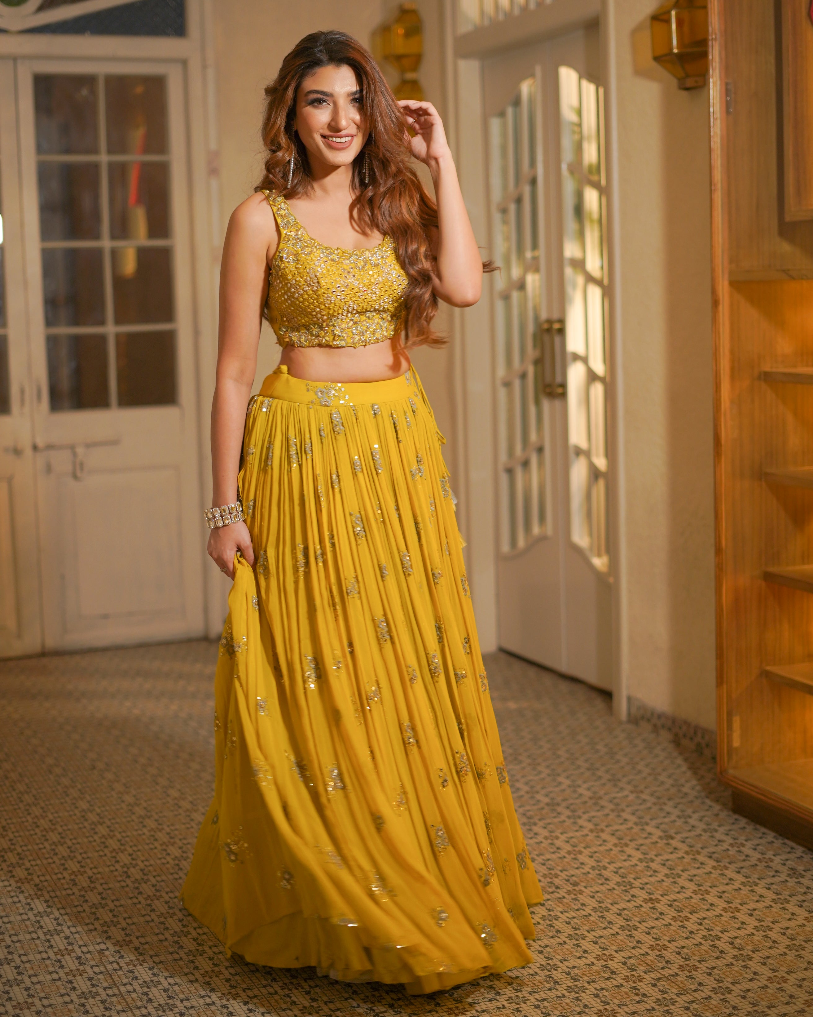 wedding, wedding outfit, lehenga, lehenga with jacket, yellow, brides, bridesmaids, blouse, indian outfit, indian wear, traditional, sharara, ethnic wear, printed lehenga, lehenga, brown lehenga, flared sleeves choli, lehenga set, Bridal, lehenga set, floral, yellow, yellow lehenga