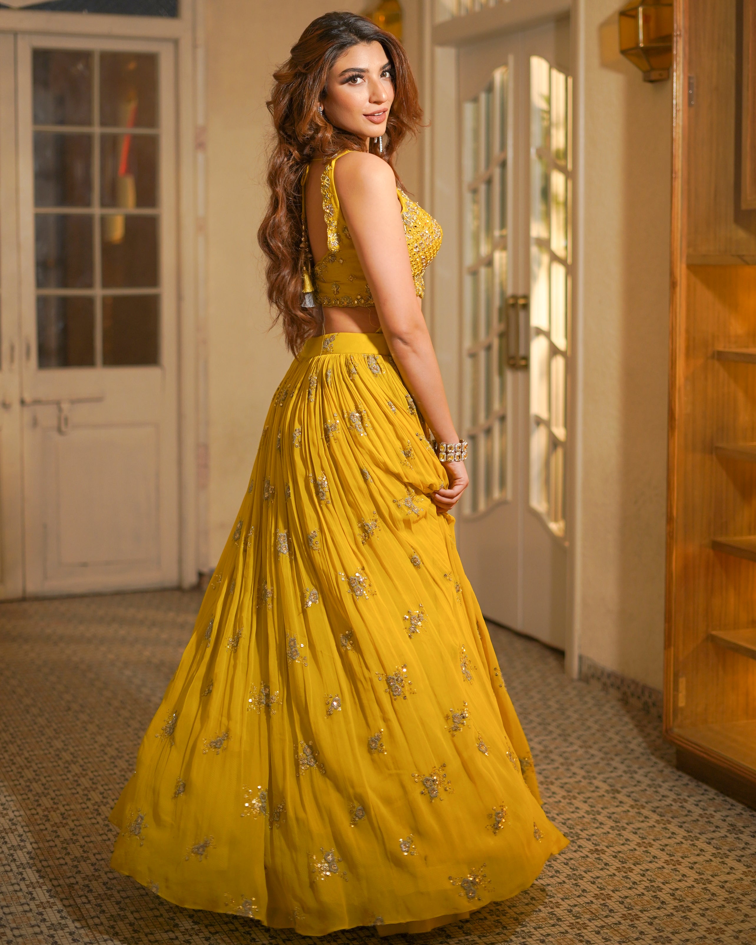 wedding, wedding outfit, lehenga, lehenga with jacket, yellow, brides, bridesmaids, blouse, indian outfit, indian wear, traditional, sharara, ethnic wear, printed lehenga, lehenga, brown lehenga, flared sleeves choli, lehenga set, Bridal, lehenga set, floral, yellow, yellow lehenga