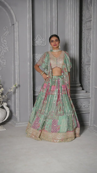 wedding, wedding outfit, lehenga, lehenga with jacket, aqua blue, brides, bridesmaids, blouse, indian outfit, indian wear, traditional, sharara, ethnic wear, printed lehenga, lehengreen lehenga, flared sleeves choli, lehenga set, Bridal